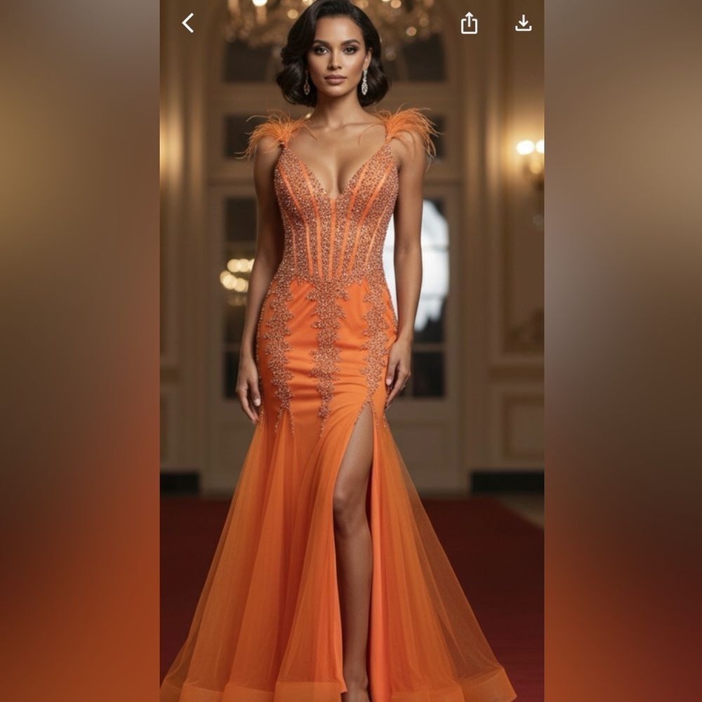 Jovani Vibrant Orange Feather-Trim Beaded Mermaid Gown